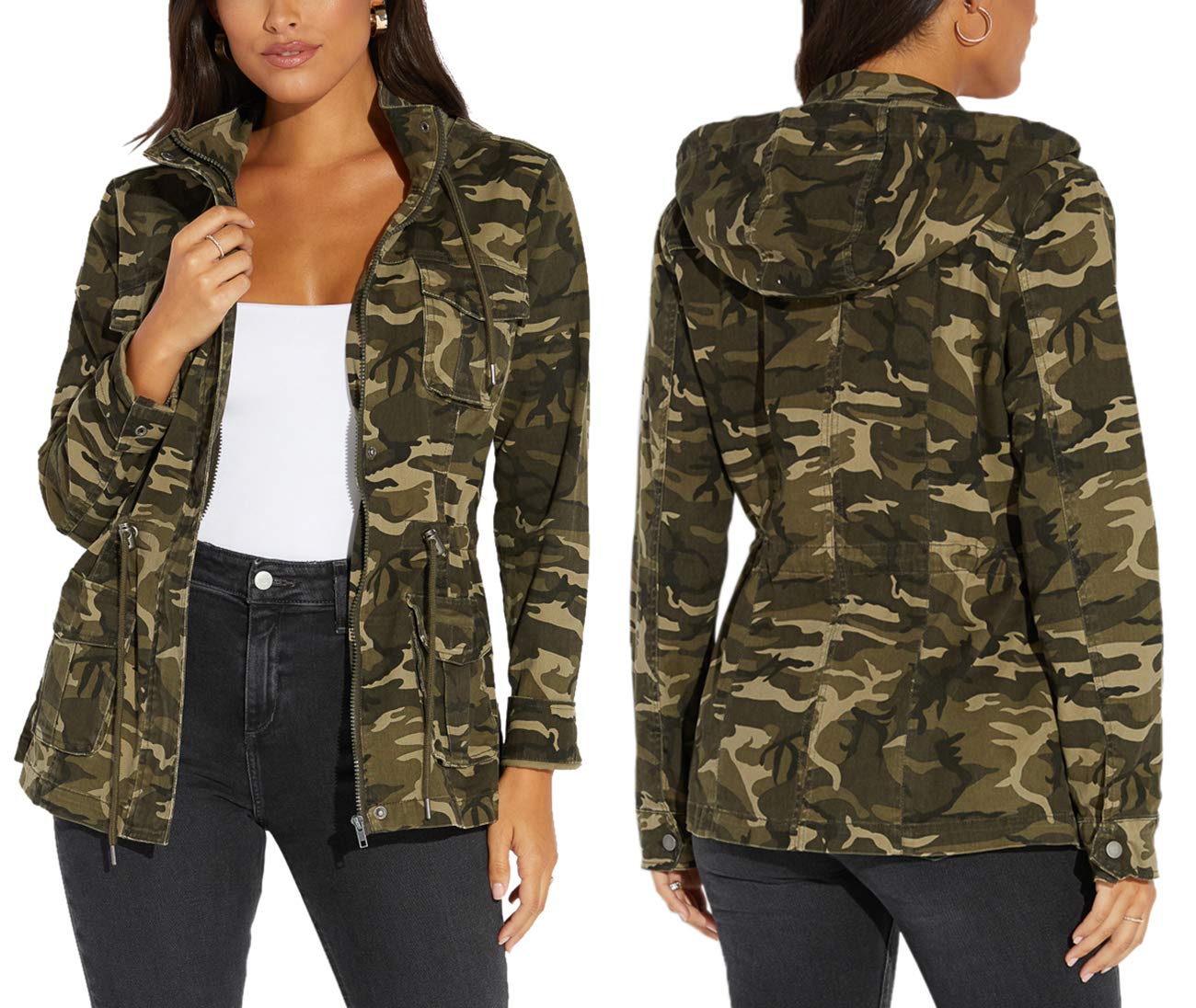 SheKiss Women Lightweight Camouflage Warm Winter Safari Jackets Long Sleeve Zipper Casual Canvas Overcoat Hunting Hoodie