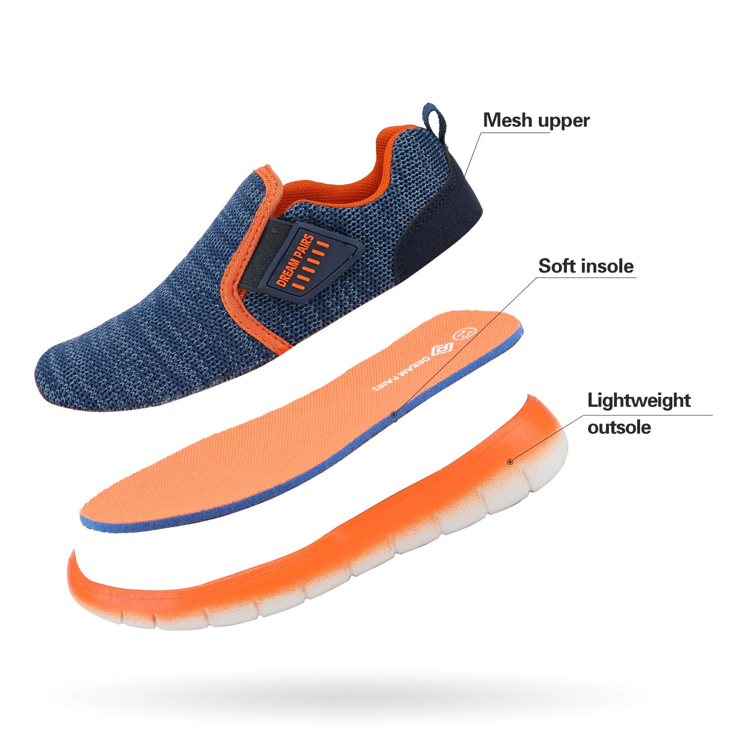 DREAM PAIRS Boys Athletic Sports Sneakers Slip on Tennis Running Shoes Navy Orange Size 13 Little Kid Luca