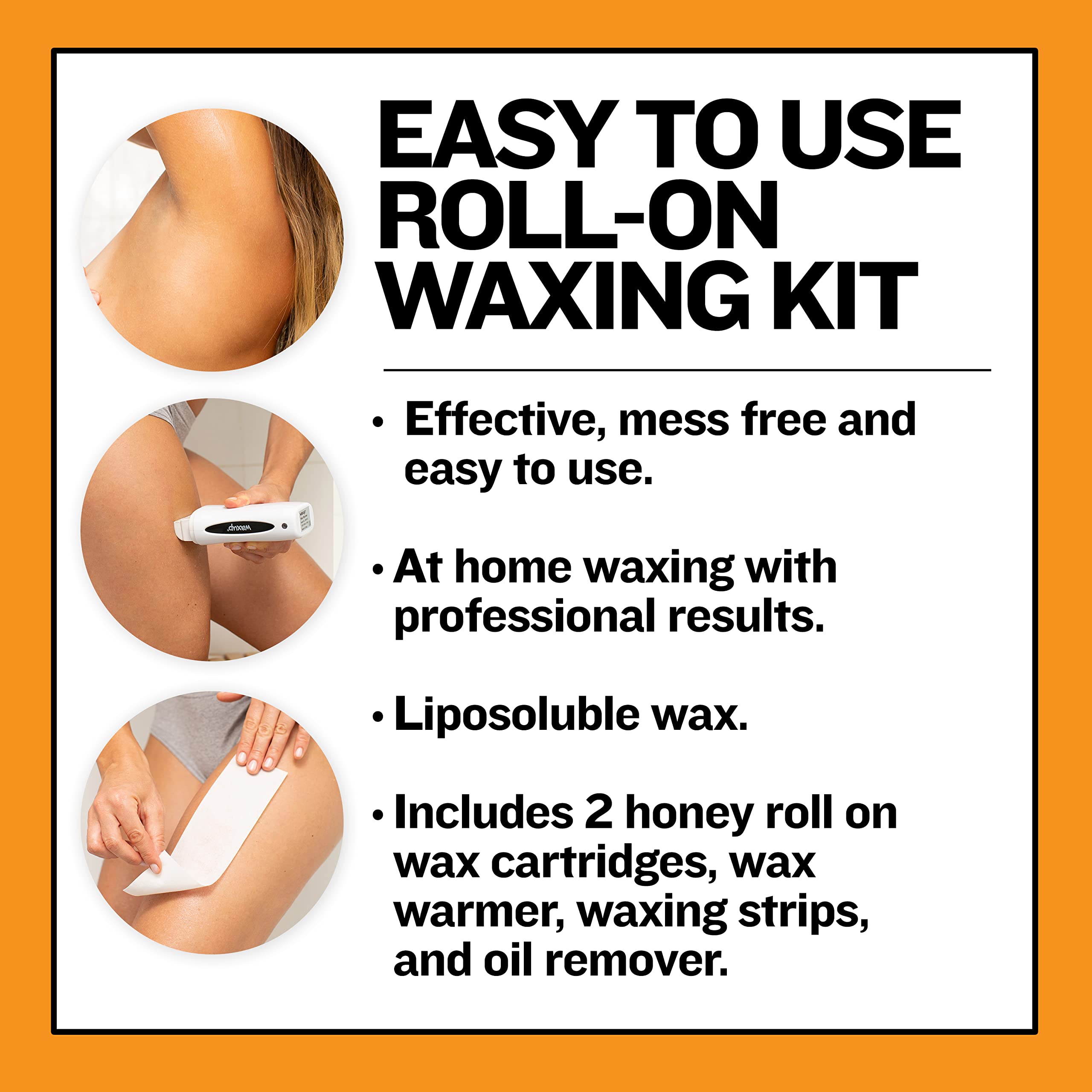 waxup Roll on Wax Kit for Hair Removal, Roller Waxing Kit for Women, 1 Portable Wax Warmer, 25 Non Woven Waxing Strips, 2 Honey Wax Roller Kit Refill, 1 Almond Oil Wax Remover