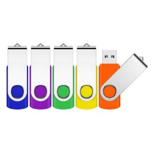 64gb flash drive, jevdes 5 pack swivel data storage usb flash drive usb 2.0 flash drive thumb drives with led indicator, jump drive zip drive memory sticks (5 mixed color with lanyards)
