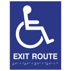 stopsignsandmore - ada compliant accessible symbol exit route sign with text and braille - 6x8 (blue) | 1/32" tactile copy/images on 1/8" acrylic