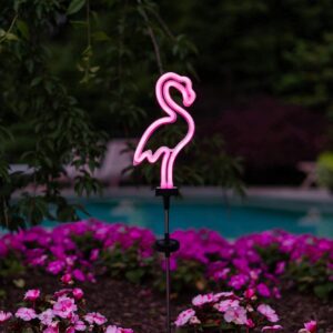touch of eco solar neon pink flamingo stake light - outdoor, pathway, landscape light for lawn, patio, garden or outdoor living area - 29.5 inches tall