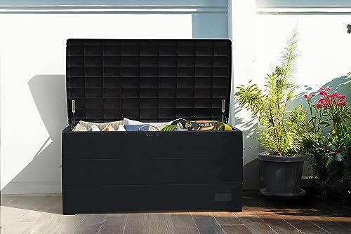 Duramax CedarGrain Durabox Outdoor Deck Box & Garden Furniture Organizer, Woodgrain Texture, Lockable Plastic Cushion Box, 416 liters, Grey