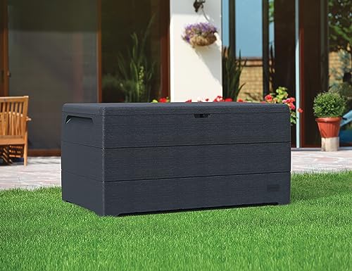 Duramax CedarGrain Durabox Outdoor Deck Box & Garden Furniture Organizer, Woodgrain Texture, Lockable Plastic Cushion Box, 416 liters, Grey