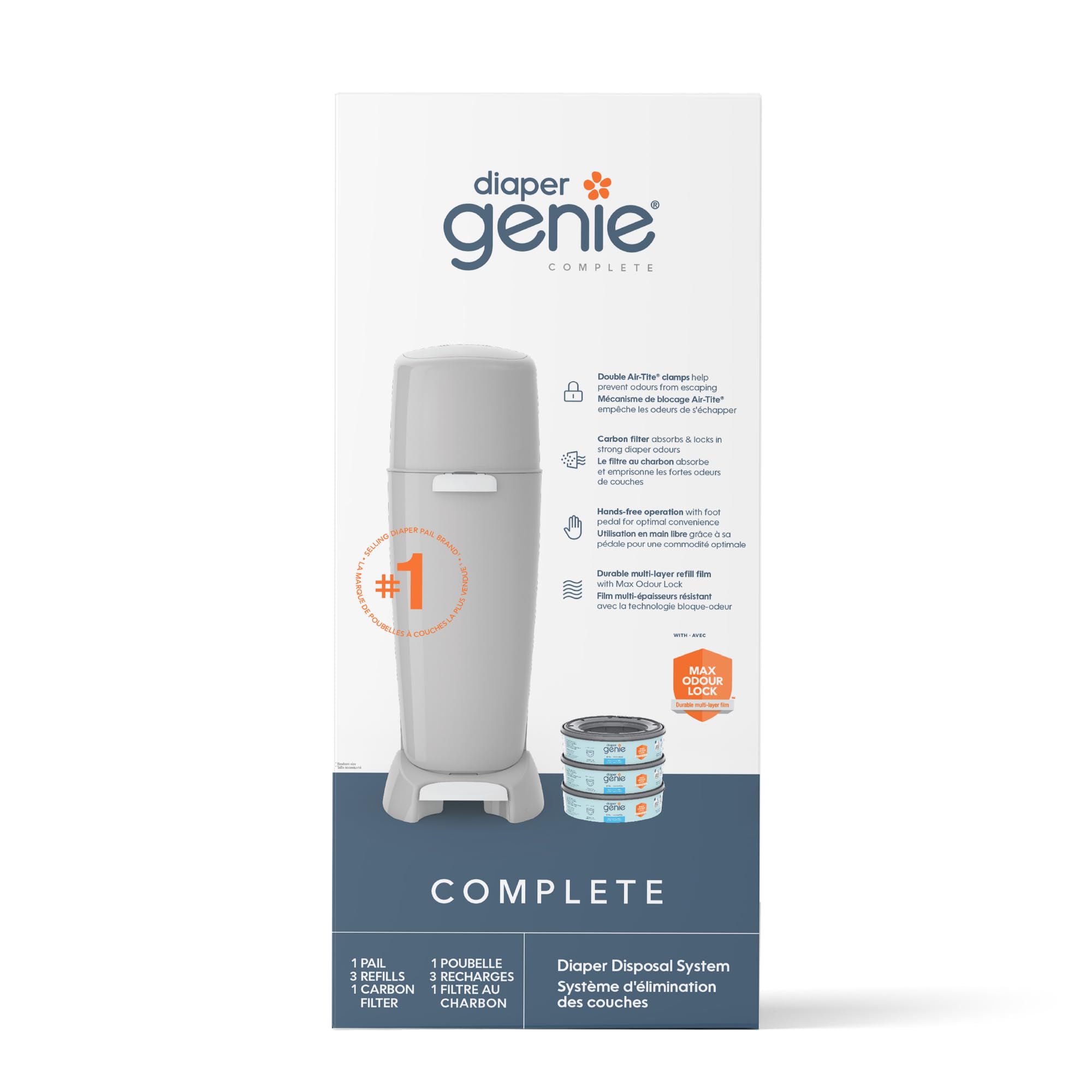 Diaper Genie Complete Diaper Pail (Grey) with Odor Control | Includes 1 Diaper Trash Can, 3 Refill Bags, 1 Carbon Filter, 4 Piece Set