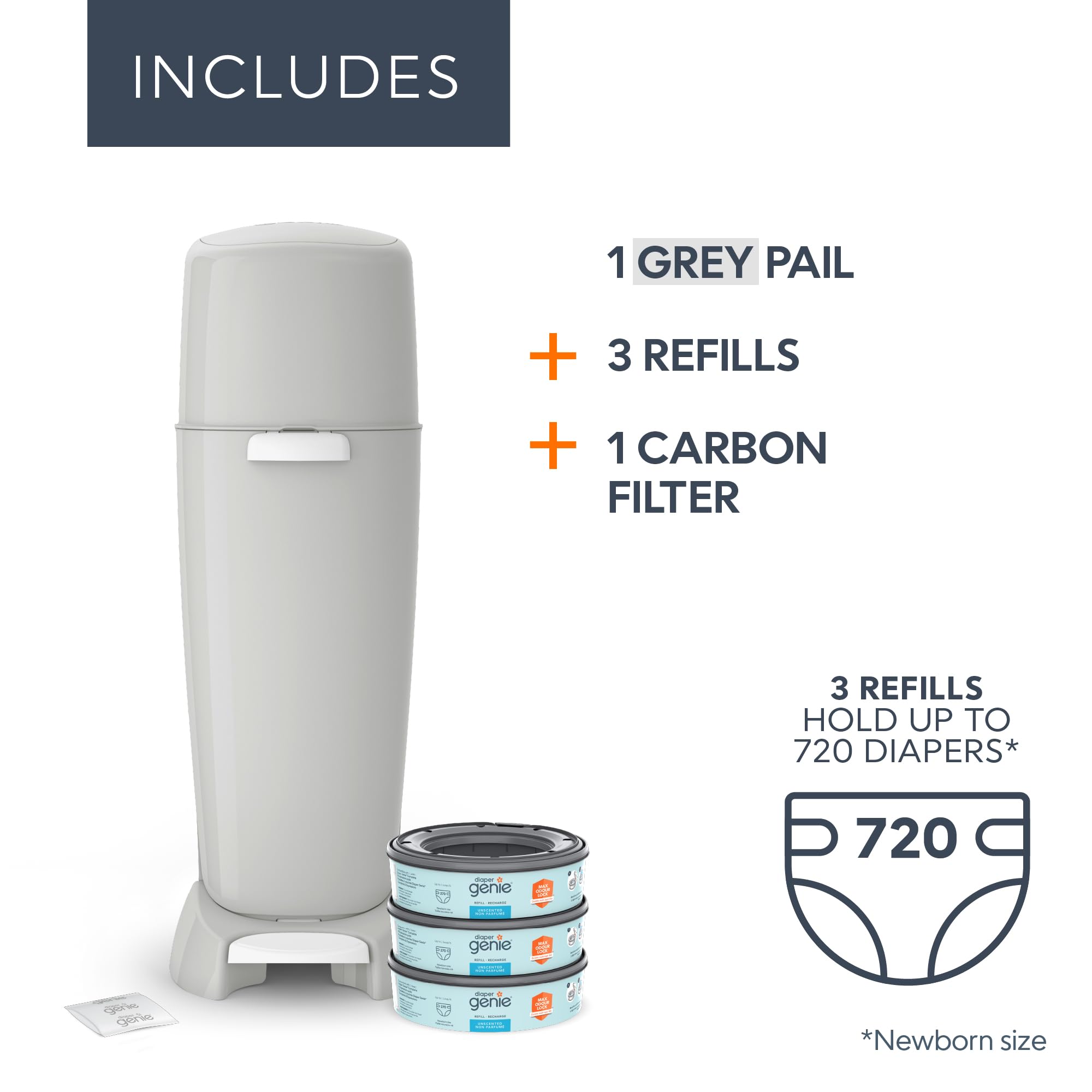 Diaper Genie Complete Diaper Pail (Grey) with Odor Control | Includes 1 Diaper Trash Can, 3 Refill Bags, 1 Carbon Filter, 4 Piece Set