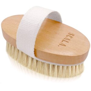 dry brushing body brush scala natural bristle body brush, soft body exfoliating brush scrub for dead skin, cellulite, lymphatic drainage, blood flow – thicker & stronger medium strength