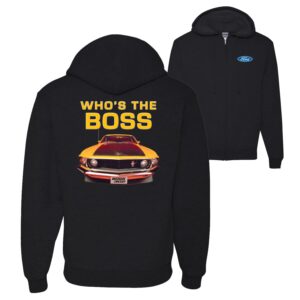 wild bobby who's the boss yellow 1969 mustang 302 front back cars and trucks graphic zip up hoodie sweatshirt, black, large