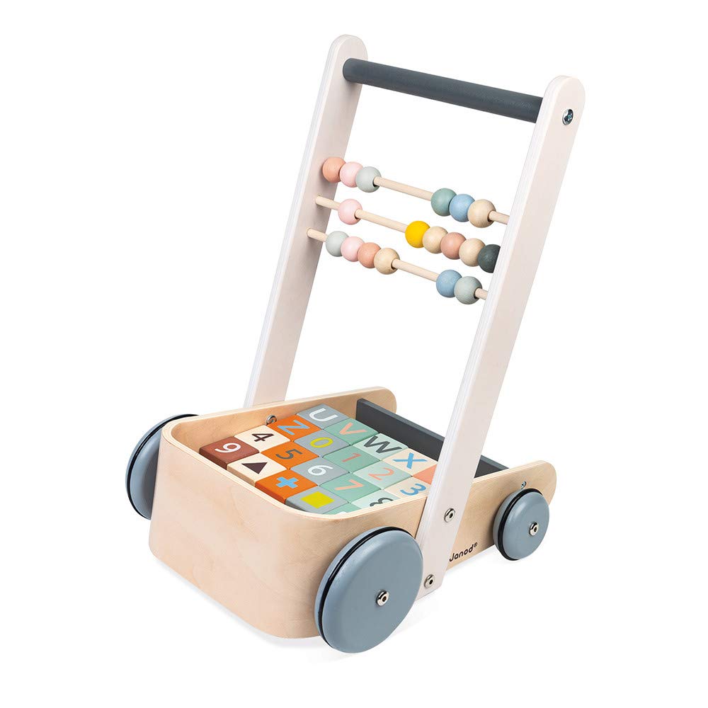 Janod Sweet Cocoon ABC Block Cart Push Toy with 20 ABC Blocks - Ages 1+ - J04408