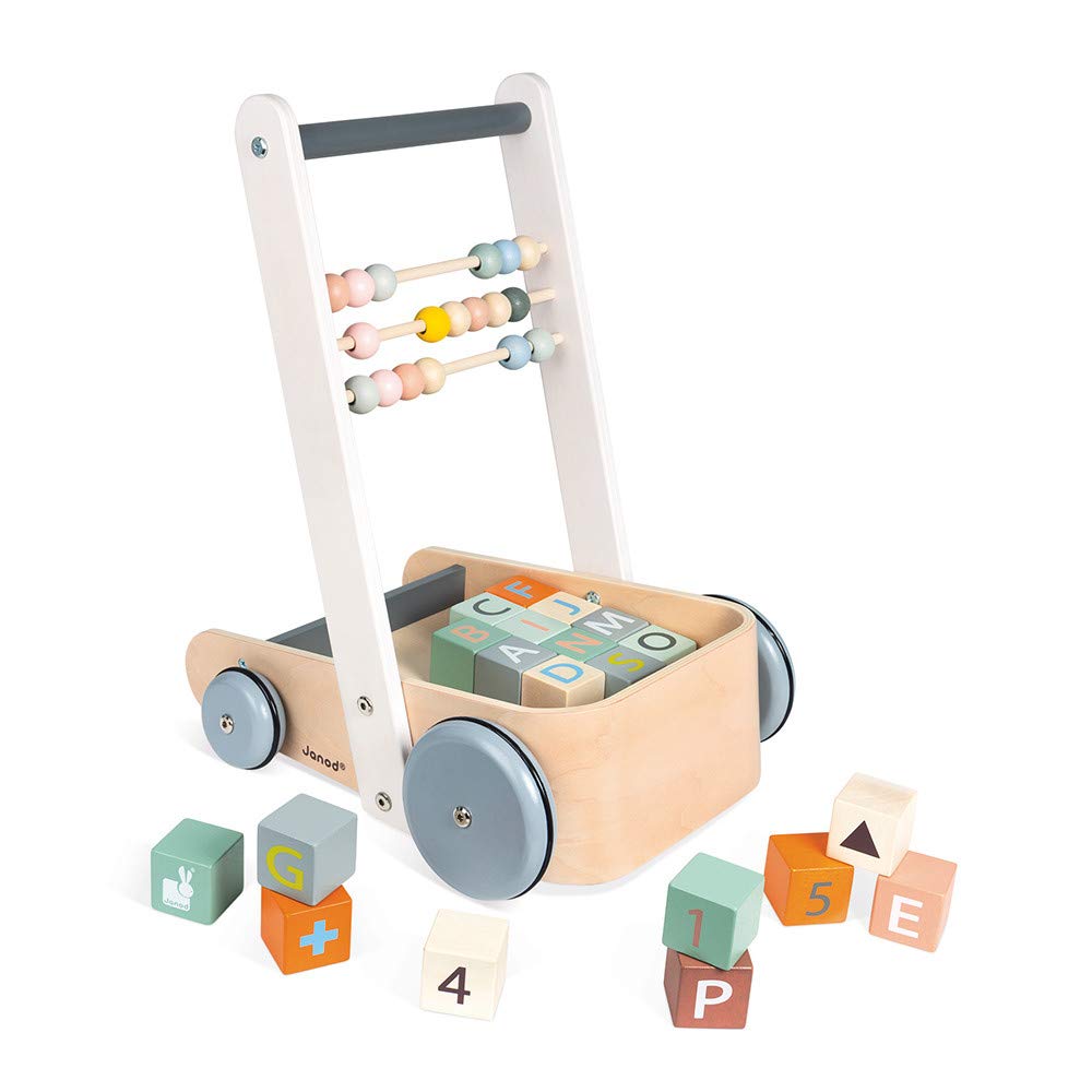 Janod Sweet Cocoon ABC Block Cart Push Toy with 20 ABC Blocks - Ages 1+ - J04408