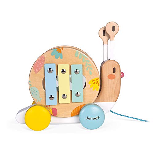 Janod Pure Pull Along Snail - Wooden 2-in1 Musical Toy - Ages 1+ - J05159