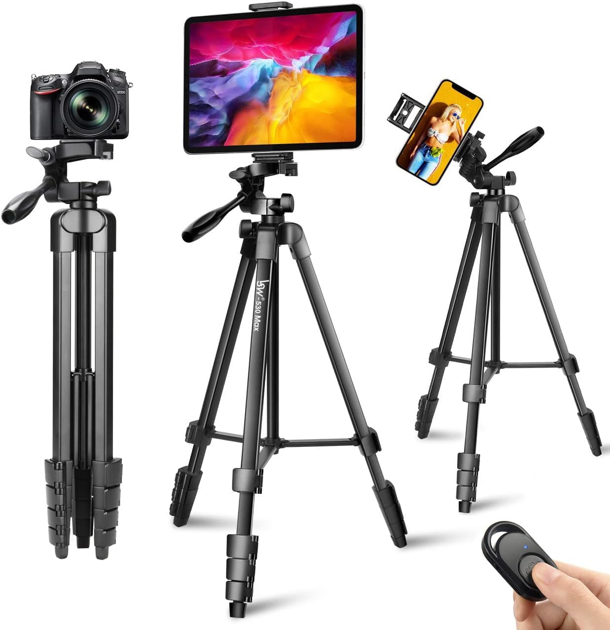 Lusweimi 72-Inch Tripod for ipad iPhone, Camera Tripod for Phone with 2 in 1 Tripod Mount Holder for Cell Phone/Tablet/Webcam/Gopro, Tripod with Carry Bag and Wireless Remote for Photography/Video