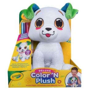 crayola deluxe color ‘n plush puppy, 10” stuffed animal - draw, wash, reuse – with 2 ultra-clean washable fine line markers, 1 ultra-clean washable broad line marker, 1 washable stamp marker