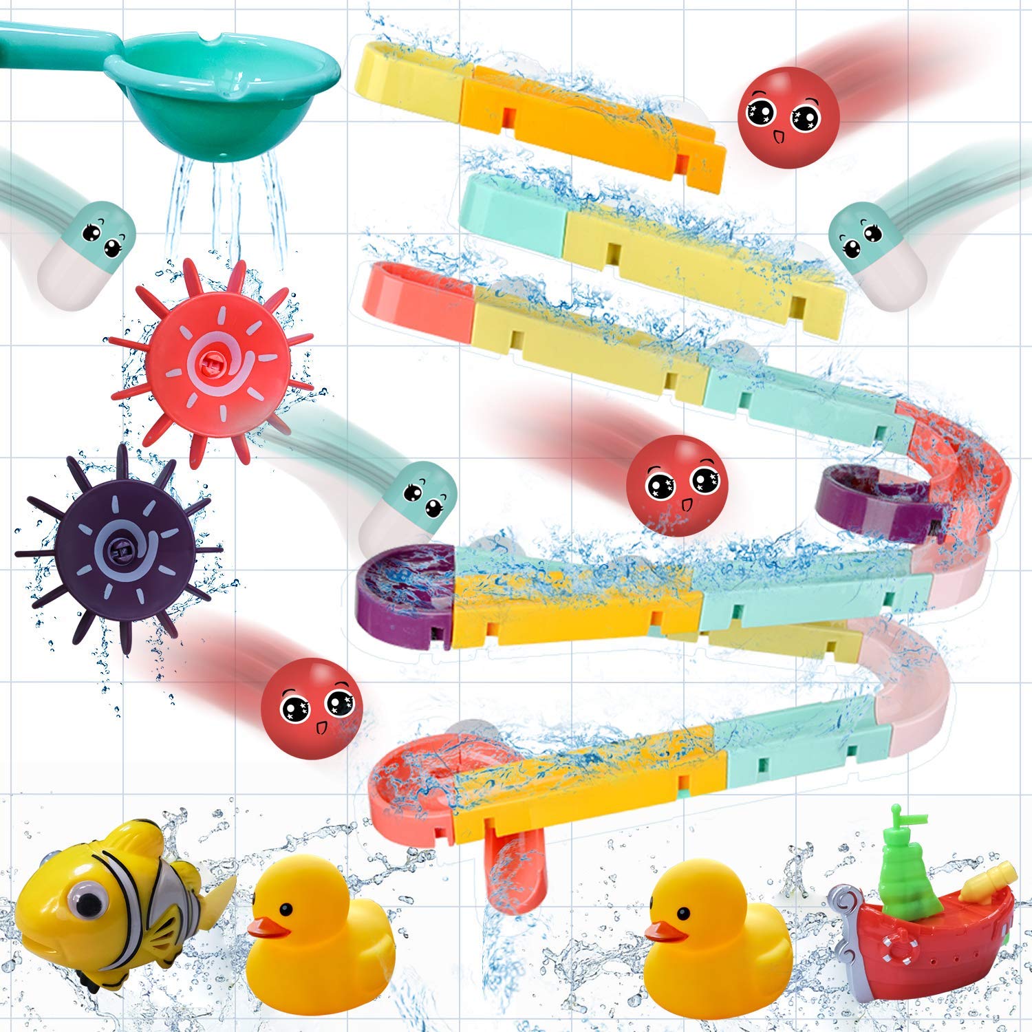 Tcvents 46Pcs Baby Bath Toys Assemble Set DIY Wall Sucking Slideway Bathtub Balls Track Water Toys for Kids Toddlers Slide Suction Cup Floating Duck Boat Fish Bath Tub Toy Shower Games Birthday Gifts