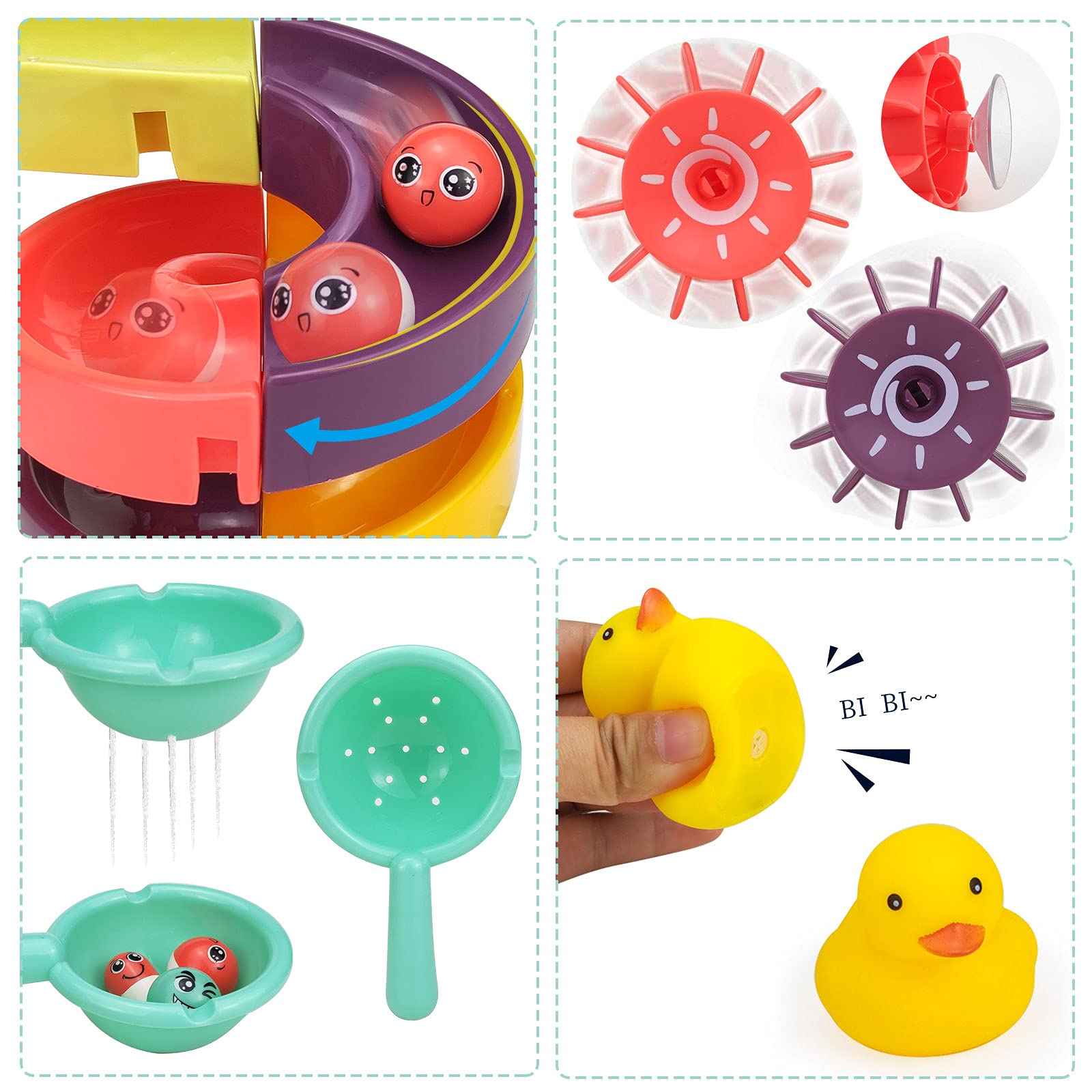 Tcvents 46Pcs Baby Bath Toys Assemble Set DIY Wall Sucking Slideway Bathtub Balls Track Water Toys for Kids Toddlers Slide Suction Cup Floating Duck Boat Fish Bath Tub Toy Shower Games Birthday Gifts