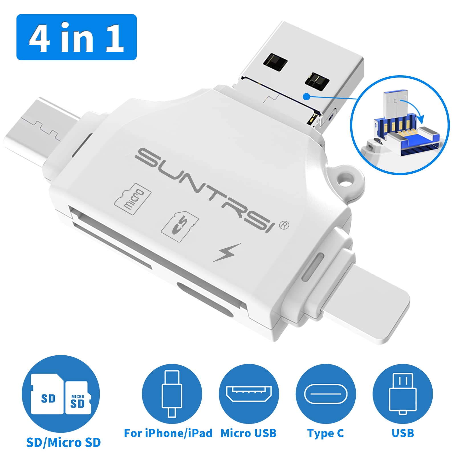 SD/Micro SD Card Reader for iPhone/ipad/Android/Mac/Computer/Camera,Portable Memory Card Reader 4 in 1 Micro SD Card Adapter&Trail Camera Viewer Compatible for TF and SD Card