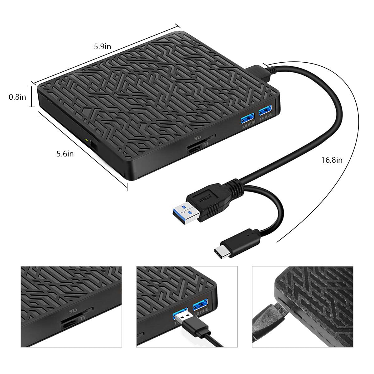 wintale External blu ray Drive, USB3.0 Type-C External blu ray Burner Slim Optical CD DVD Drive Burner with SD/TF Card Reader/2 USB3.0 Hubs for pc Windows XP/7/8/10, MacOS, MacBook, Laptop, Desktop