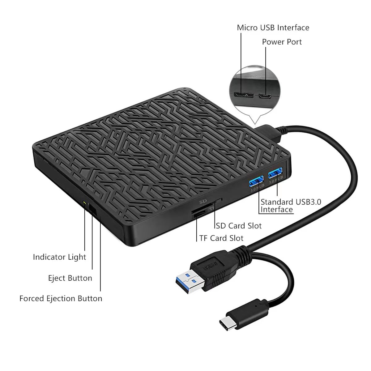 wintale External blu ray Drive, USB3.0 Type-C External blu ray Burner Slim Optical CD DVD Drive Burner with SD/TF Card Reader/2 USB3.0 Hubs for pc Windows XP/7/8/10, MacOS, MacBook, Laptop, Desktop