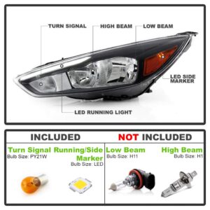 ACANII - For [Halogen Type Black Housing w/LED DRL] 2015-2018 Ford Focus Headlight Headlamp Assembly Left Driver Side