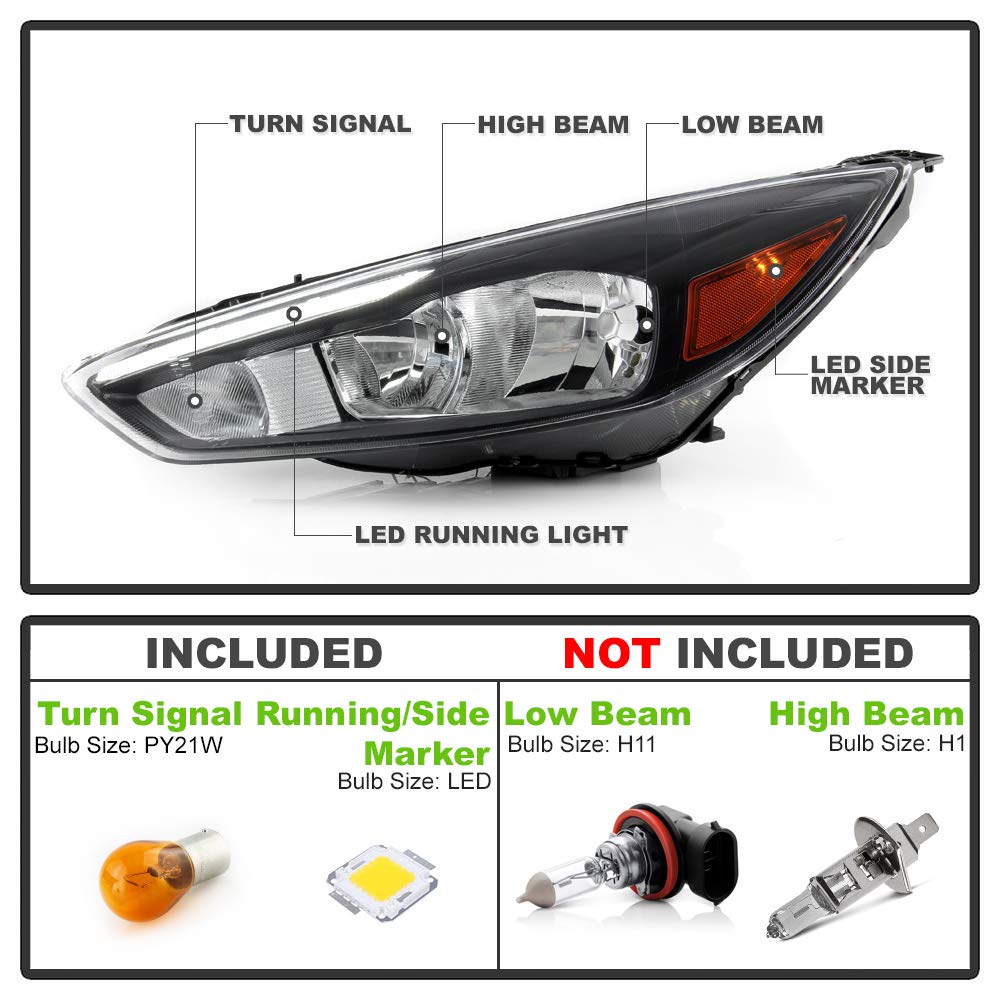 ACANII - For [Halogen Type Black Housing w/LED DRL] 2015-2018 Ford Focus Headlight Headlamp Assembly Left Driver Side