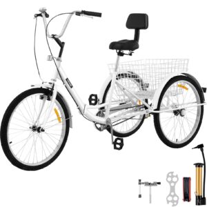 Bkisy Tricycle Adult 24'' Wheels Adult Tricycle 1-Speed 3 Wheel Bikes White for Adults Three Wheel Bike for Adults Adult Trike Adult Folding Tricycle Foldable 3 Wheel Bike for Adults (White)