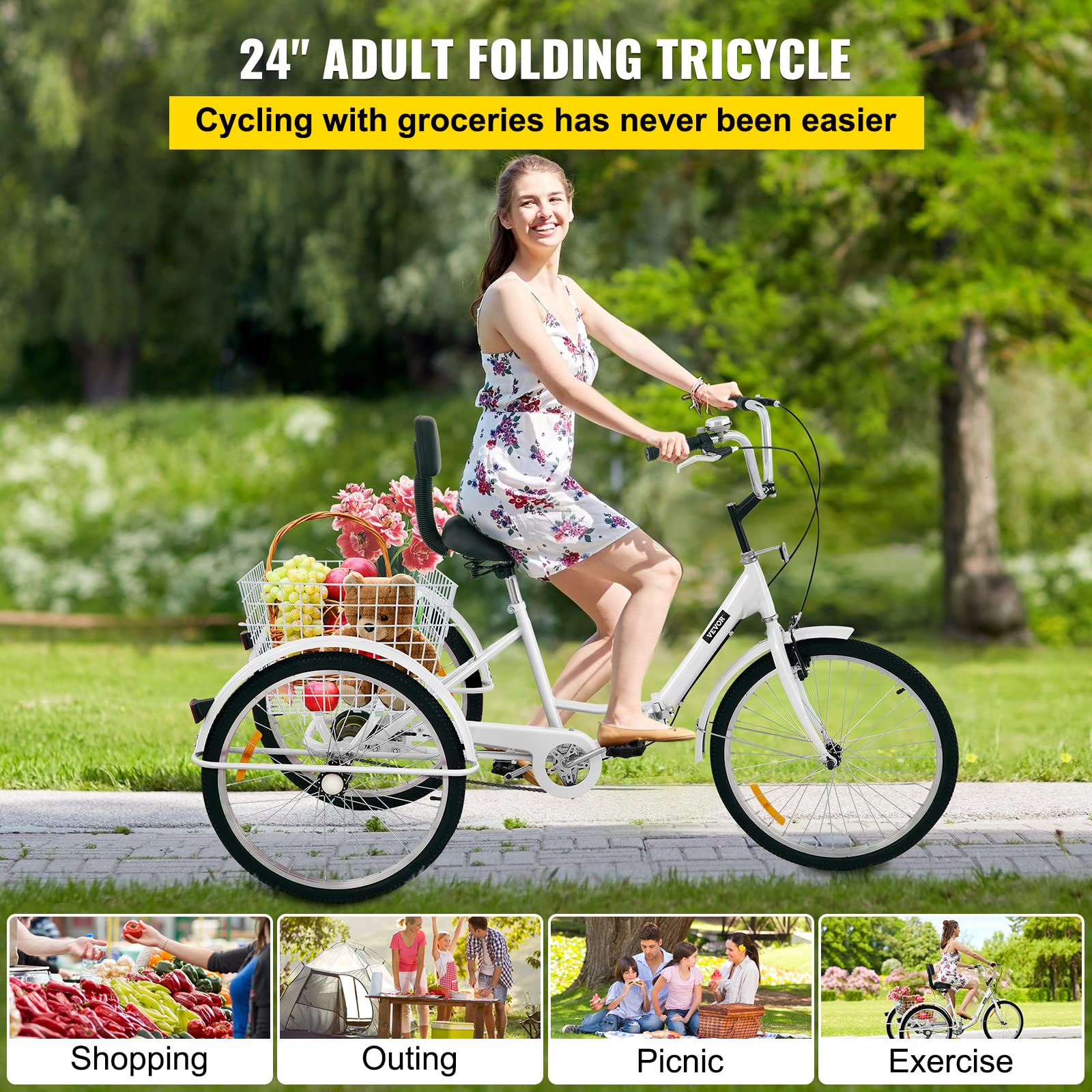 Bkisy Tricycle Adult 24'' Wheels Adult Tricycle 1-Speed 3 Wheel Bikes White for Adults Three Wheel Bike for Adults Adult Trike Adult Folding Tricycle Foldable 3 Wheel Bike for Adults (White)