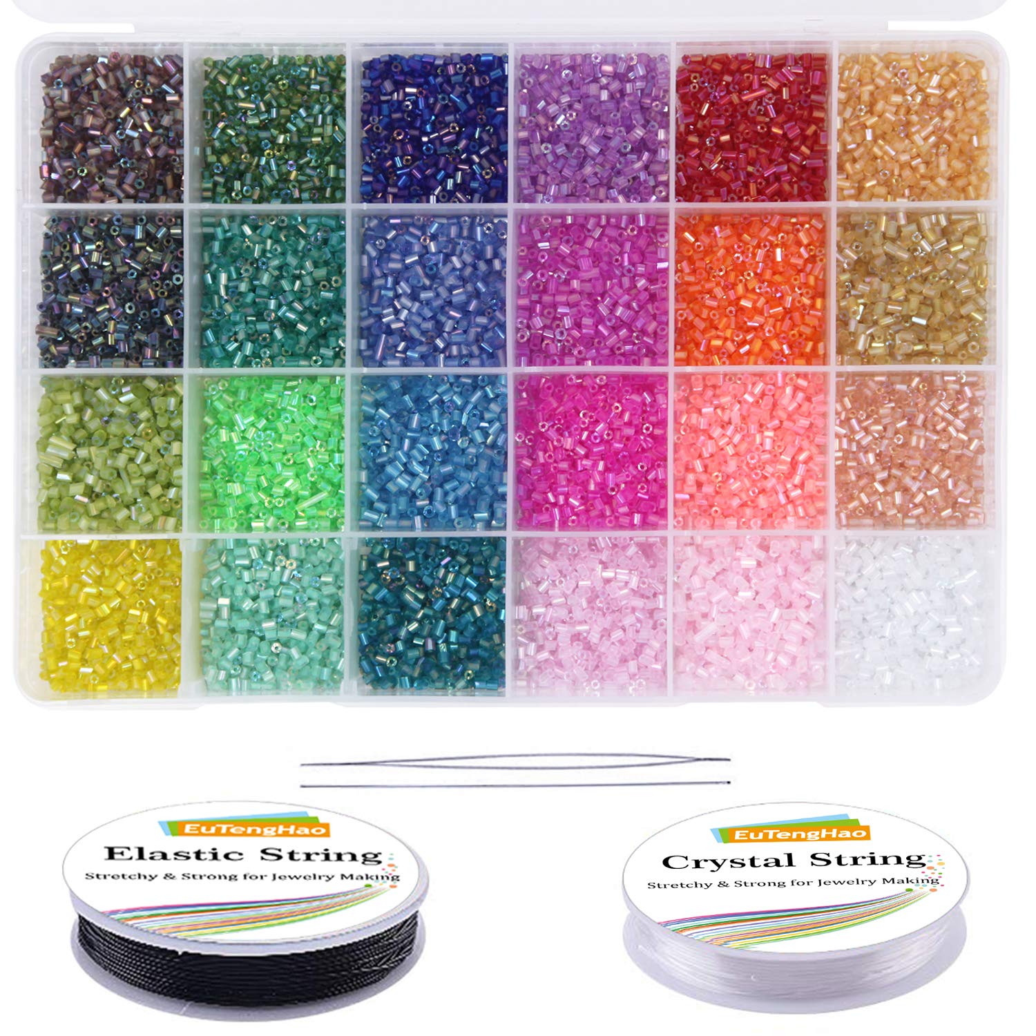 EuTengHao 14400pcs Tube Beads Bugle Glass Seed Beads Small Craft Spacer Beads for DIY Bracelet Necklaces Crafting Jewelry Making Supplies with Two Crystal String (3mm, 600 Per Color, 24 Colors)