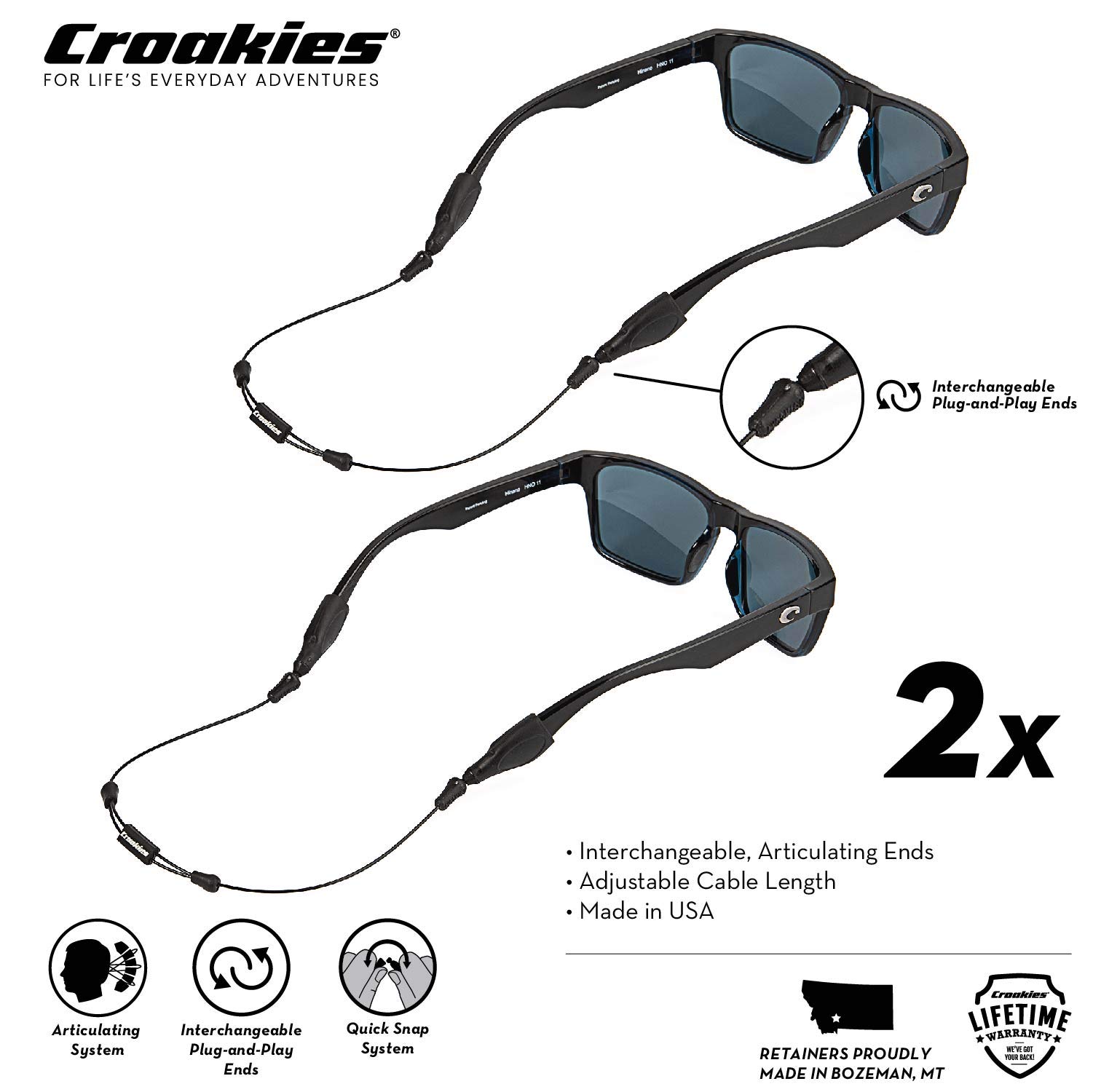 Croakies ARC Endless Eyewear Retainer Black 16" XL/XXL 2 Pack Bundle