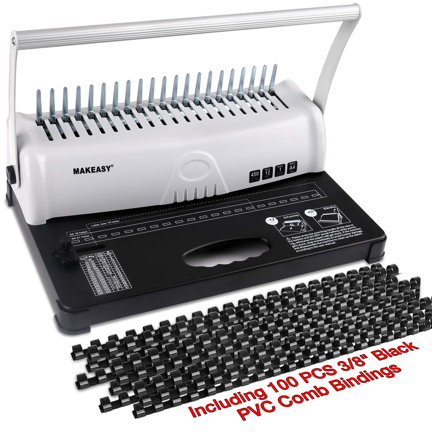 MAKEASY Comb Binding Machine for Letter Size A4 A5, Book Binder Paper Punch Binder with 100 PCS 3/8'' PVC Comb Bindings