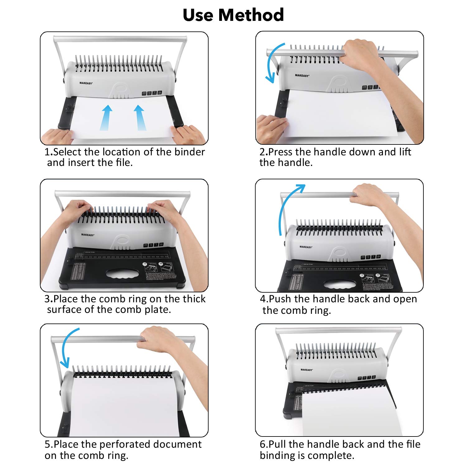 MAKEASY Comb Binding Machine for Letter Size A4 A5, Book Binder Paper Punch Binder with 100 PCS 3/8'' PVC Comb Bindings