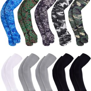 Boao 10 Pairs UV Sun Protection Arm Sleeves Cooling Anti Slip Tattoo Cover Sleeves with Thumb Holes for Men Women (Black, Gray, White and Camo Series Color)