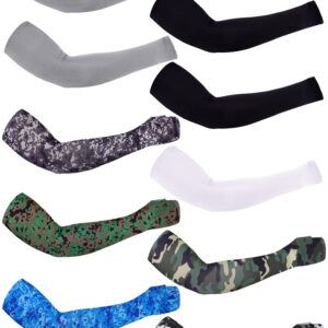 Boao 10 Pairs UV Sun Protection Arm Sleeves Cooling Anti Slip Tattoo Cover Sleeves with Thumb Holes for Men Women (Black, Gray, White and Camo Series Color)