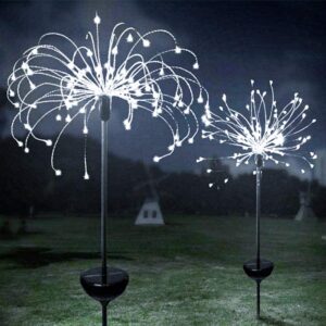 honche 2 pack solar firework lights plug in ground, 120led 8 modes solar garden colorful lights, starburst lights for pathway, patio, lawn, backyard, christmas halloween party decorative (rgb)