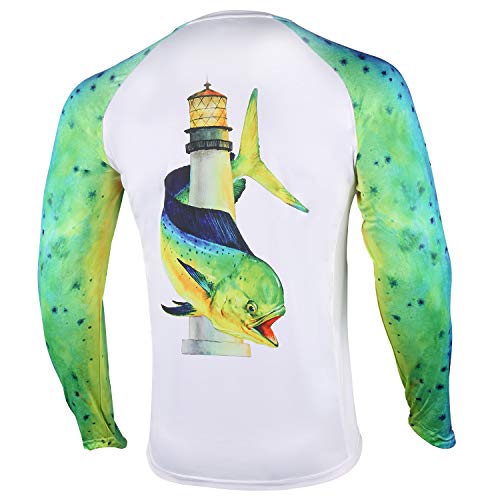 Palmyth Fishing Shirt for Men Long Sleeve Sun Protection UV UPF 50+ T-Shirts with Pocket (Mahi/Lighthouse, Large)