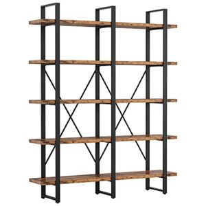 ironck industrial bookshelf and bookcase double wide 5 tier,book cases wood and metal bookshelves for home office, easy assembly, vintage brown