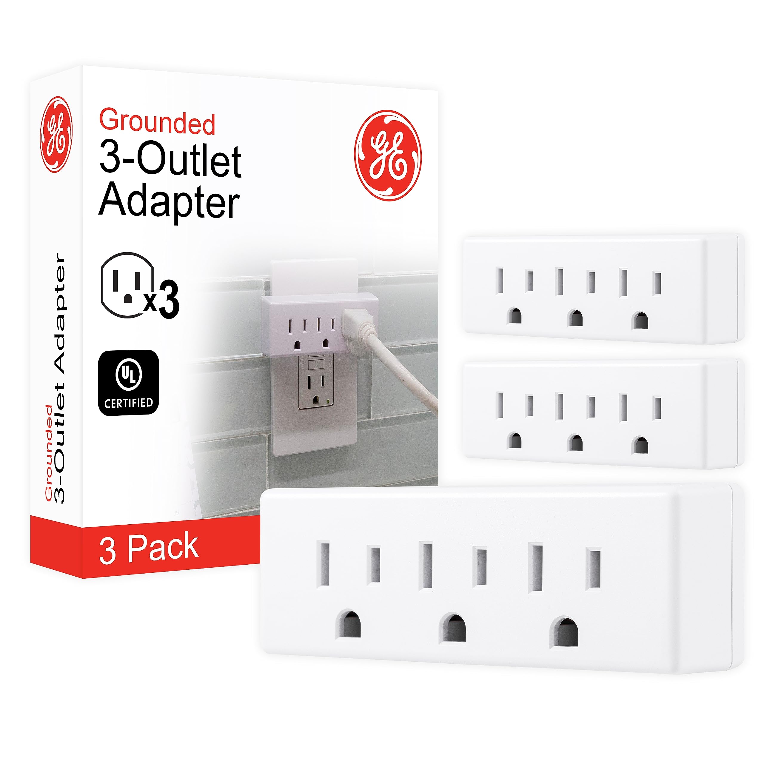 GE 3-Outlet Extender, 3 Pack, Grounded Wall Tap, 3-Prong, Multiple Plug, Power Splitter, Cruise Essentials, Use for Home Office School Dorm, UL Listed, White, 47884