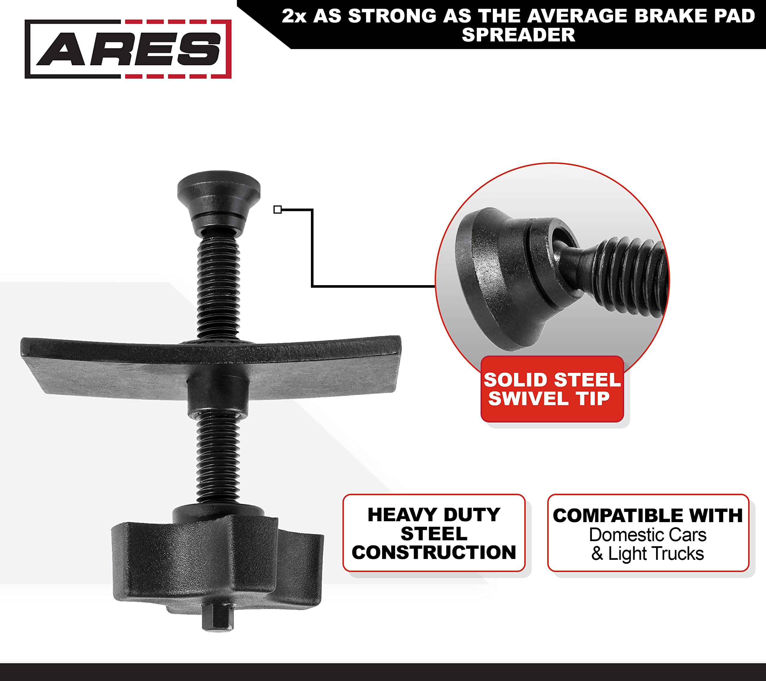 ARES 18028 - Heavy Duty Brake Pad Spreader - Built-in Comfort Tightening Knob - Heavy-Duty Steel Construction - Solid Steel Swivel Joint for Precise and Even Compression