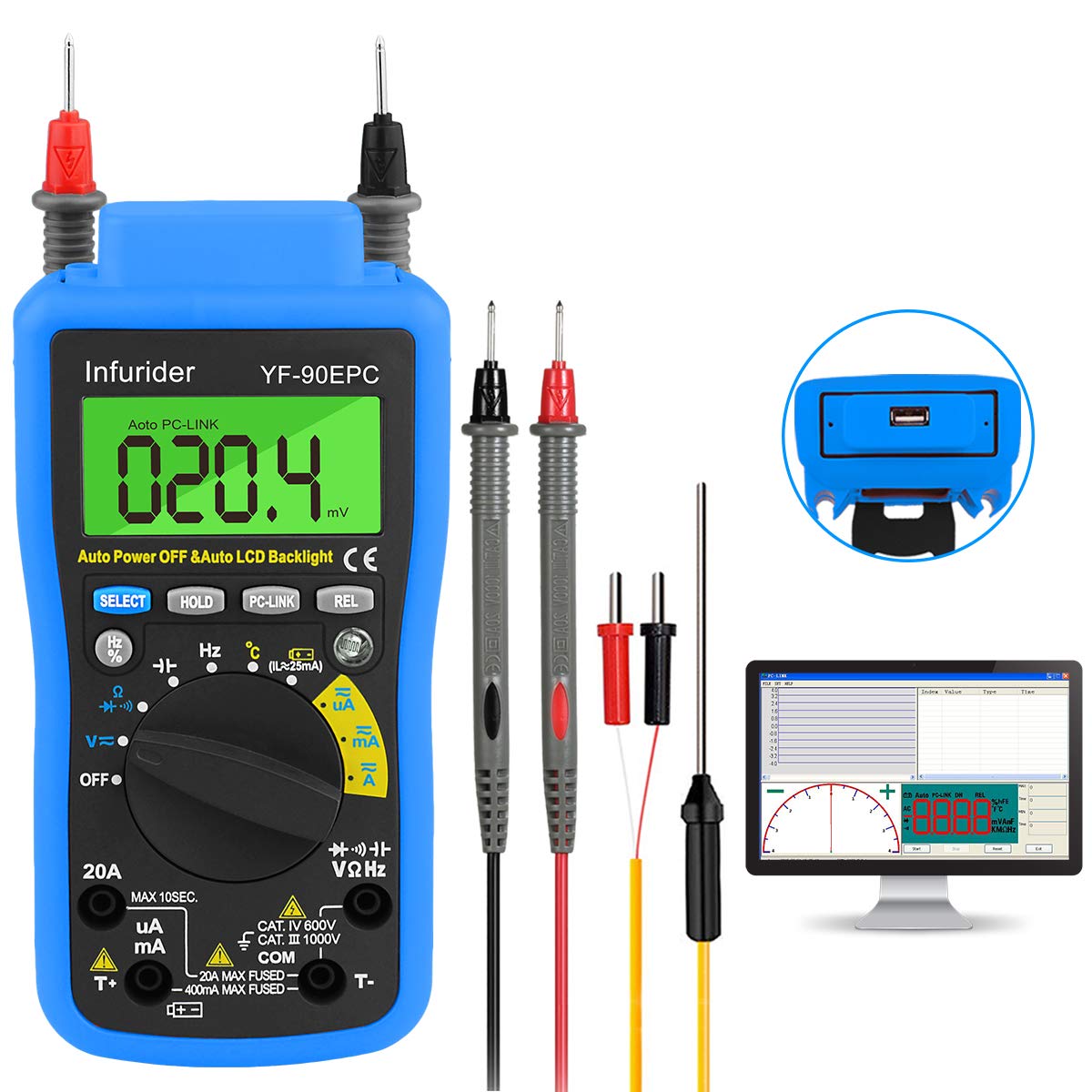 Digital Multimeter, INFURIDER YF-90EPC 4000 Counts Volt Meter, Auto-ranging Multimeter Tester Voltmeter Ammeter DMM for AC DC Volt, Amp, Ohm, Cap,Temp, Battery Test with USB Connect to PC