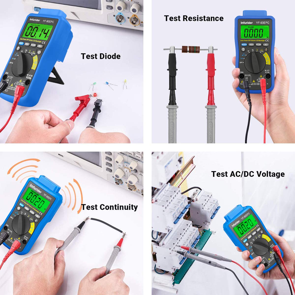 Digital Multimeter, INFURIDER YF-90EPC 4000 Counts Volt Meter, Auto-ranging Multimeter Tester Voltmeter Ammeter DMM for AC DC Volt, Amp, Ohm, Cap,Temp, Battery Test with USB Connect to PC