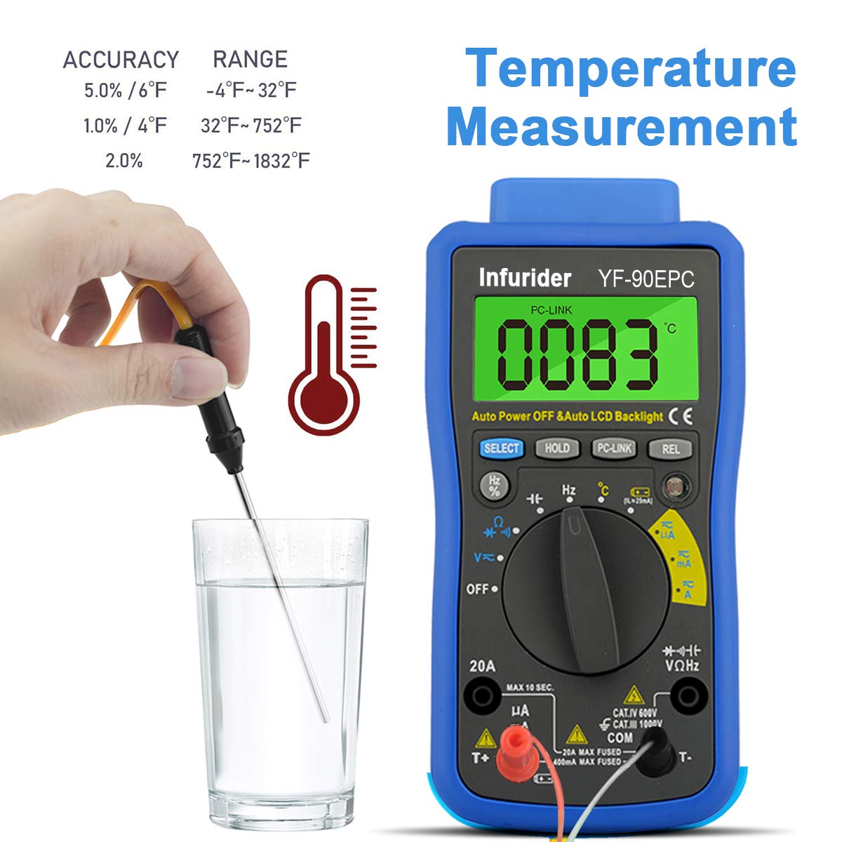 Digital Multimeter, INFURIDER YF-90EPC 4000 Counts Volt Meter, Auto-ranging Multimeter Tester Voltmeter Ammeter DMM for AC DC Volt, Amp, Ohm, Cap,Temp, Battery Test with USB Connect to PC