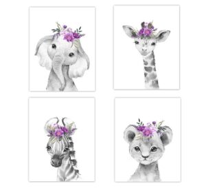 baby girl nursery wall art purple floral safari animals elephant giraffe lion zebra room decor 4 unframed prints