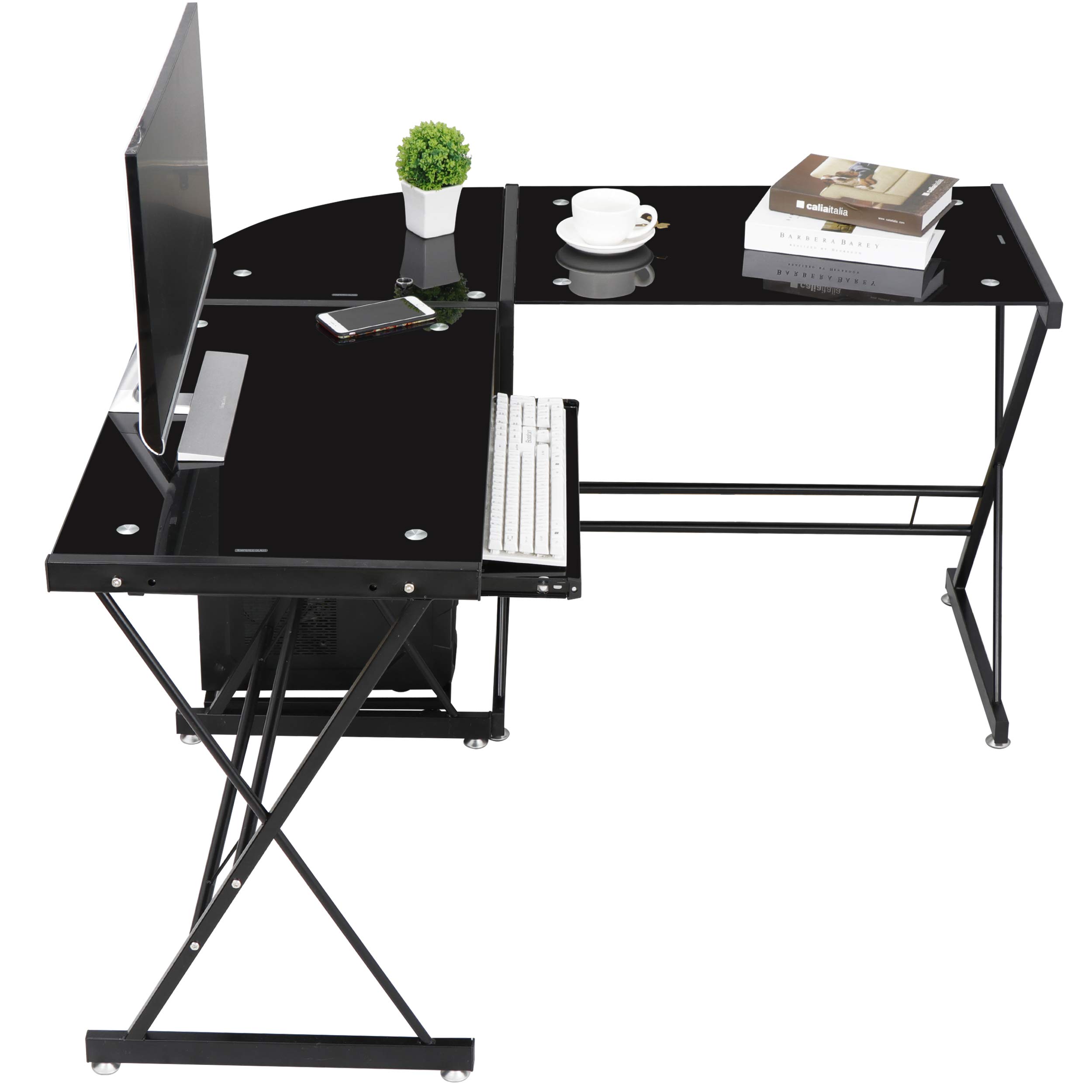 SUPER DEAL Modern L-Shaped Corner Desk - Black Glass Desktop Computer Gaming Table Office Writing Workstation with CPU Stand