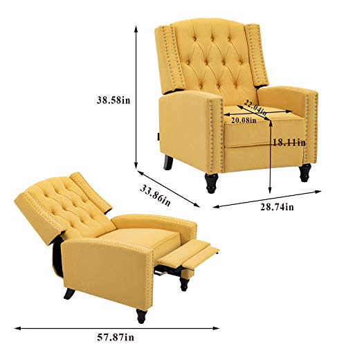 Artechworks Tufted Fabric Pushback Manual Recliner Chair for Living Room - Single Sofa Home Theater Seating- Comfortable Bedroom & Living Room Chair Reclining Sofa, Yellow