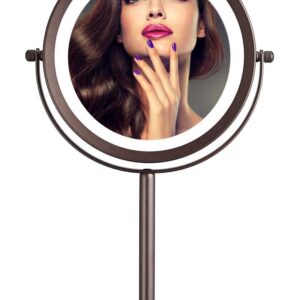 ALHAKIN Lighted Makeup Mirror, 1X/10X Makeup Mirror with Lights, 7 Inch Magnifying Mirror with Light Double Sided, 360°Swivel Standing Cosmetic Mirror, Antique Bronze