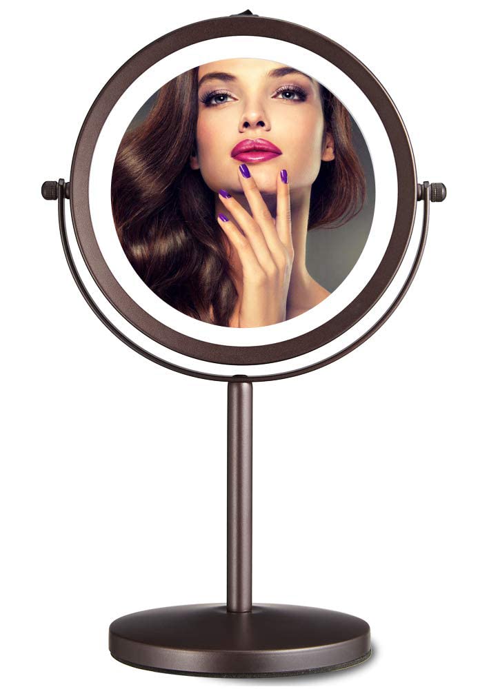 ALHAKIN Lighted Makeup Mirror, 1X/10X Makeup Mirror with Lights, 7 Inch Magnifying Mirror with Light Double Sided, 360°Swivel Standing Cosmetic Mirror, Antique Bronze