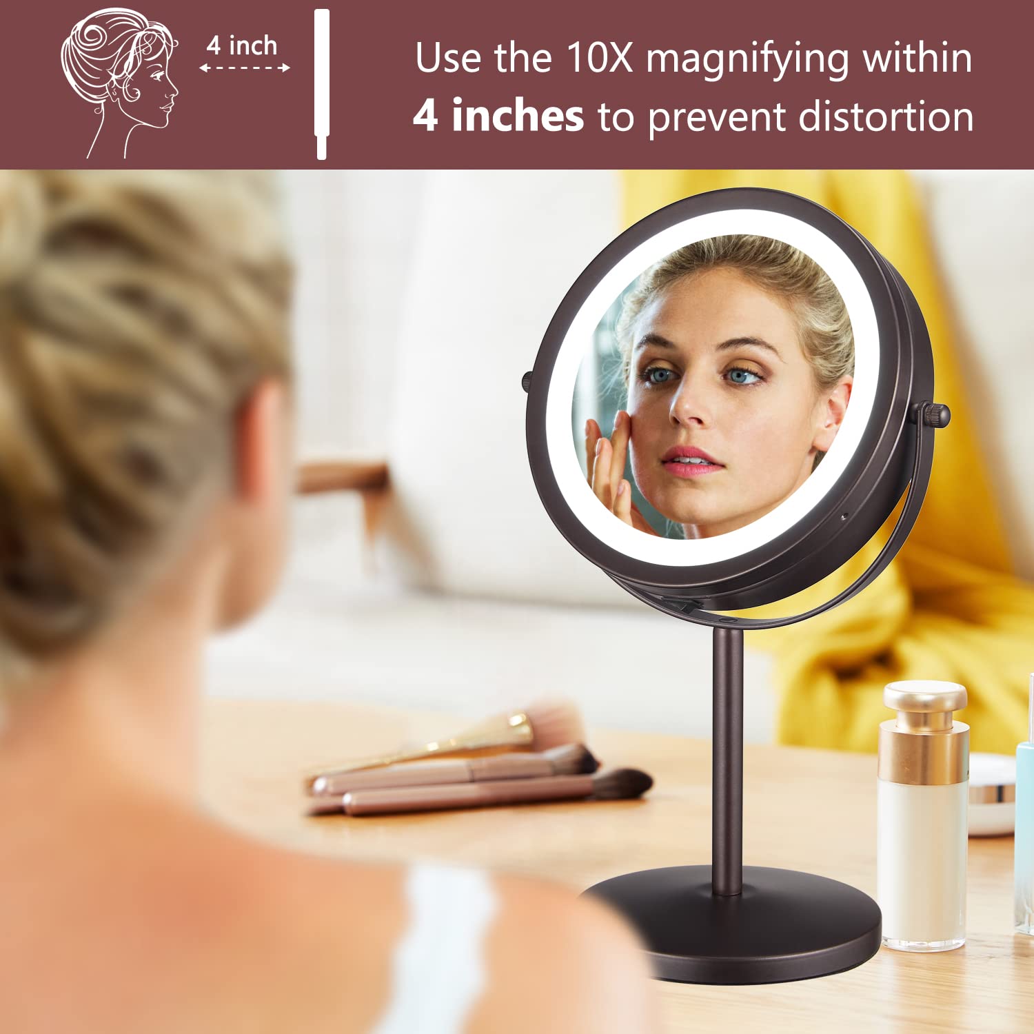 ALHAKIN Lighted Makeup Mirror, 1X/10X Makeup Mirror with Lights, 7 Inch Magnifying Mirror with Light Double Sided, 360°Swivel Standing Cosmetic Mirror, Antique Bronze