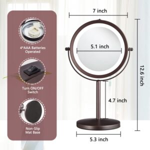 ALHAKIN Lighted Makeup Mirror, 1X/10X Makeup Mirror with Lights, 7 Inch Magnifying Mirror with Light Double Sided, 360°Swivel Standing Cosmetic Mirror, Antique Bronze