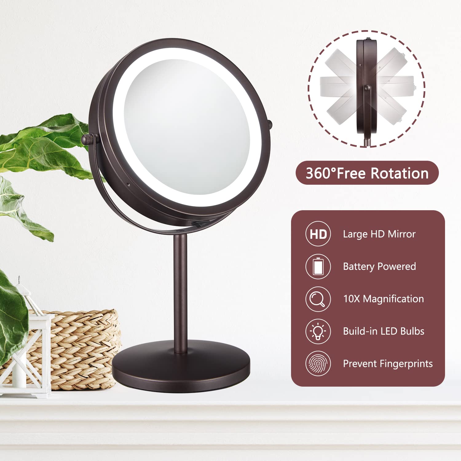 ALHAKIN Lighted Makeup Mirror, 1X/10X Makeup Mirror with Lights, 7 Inch Magnifying Mirror with Light Double Sided, 360°Swivel Standing Cosmetic Mirror, Antique Bronze