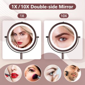 ALHAKIN Lighted Makeup Mirror, 1X/10X Makeup Mirror with Lights, 7 Inch Magnifying Mirror with Light Double Sided, 360°Swivel Standing Cosmetic Mirror, Antique Bronze