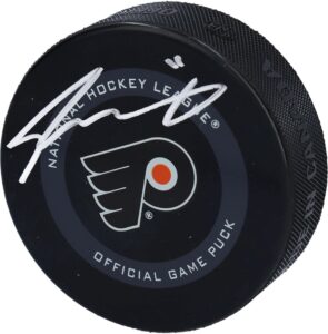 travis konecny philadelphia flyers autographed 2019 model official game puck - autographed nhl pucks